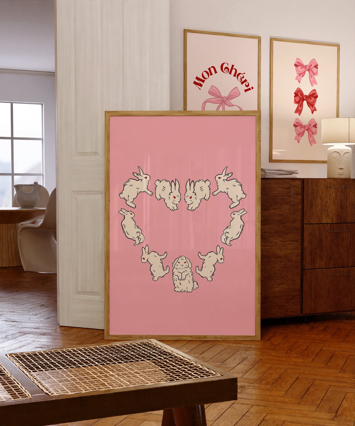 Bunny Rabbit Minimalist Art Print, Pink Heart Decor - Image 3