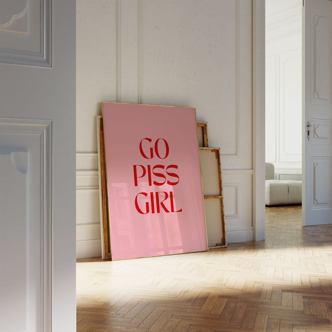 Go Piss Girl Funny Pink Bathroom Statement Typography Trendy Wall Art - Image 3