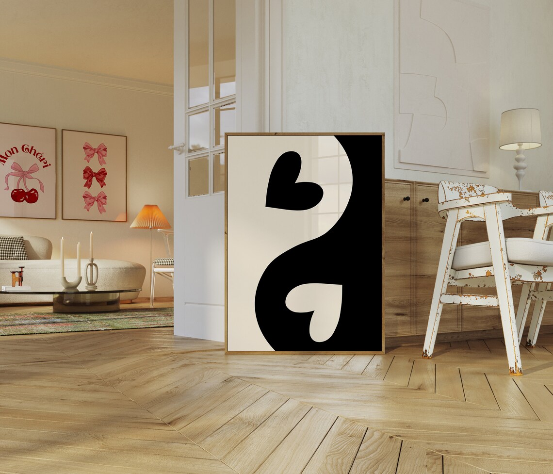 Black and White Yin Yang Hearts Minimalist Abstract Art Poster - Image 3
