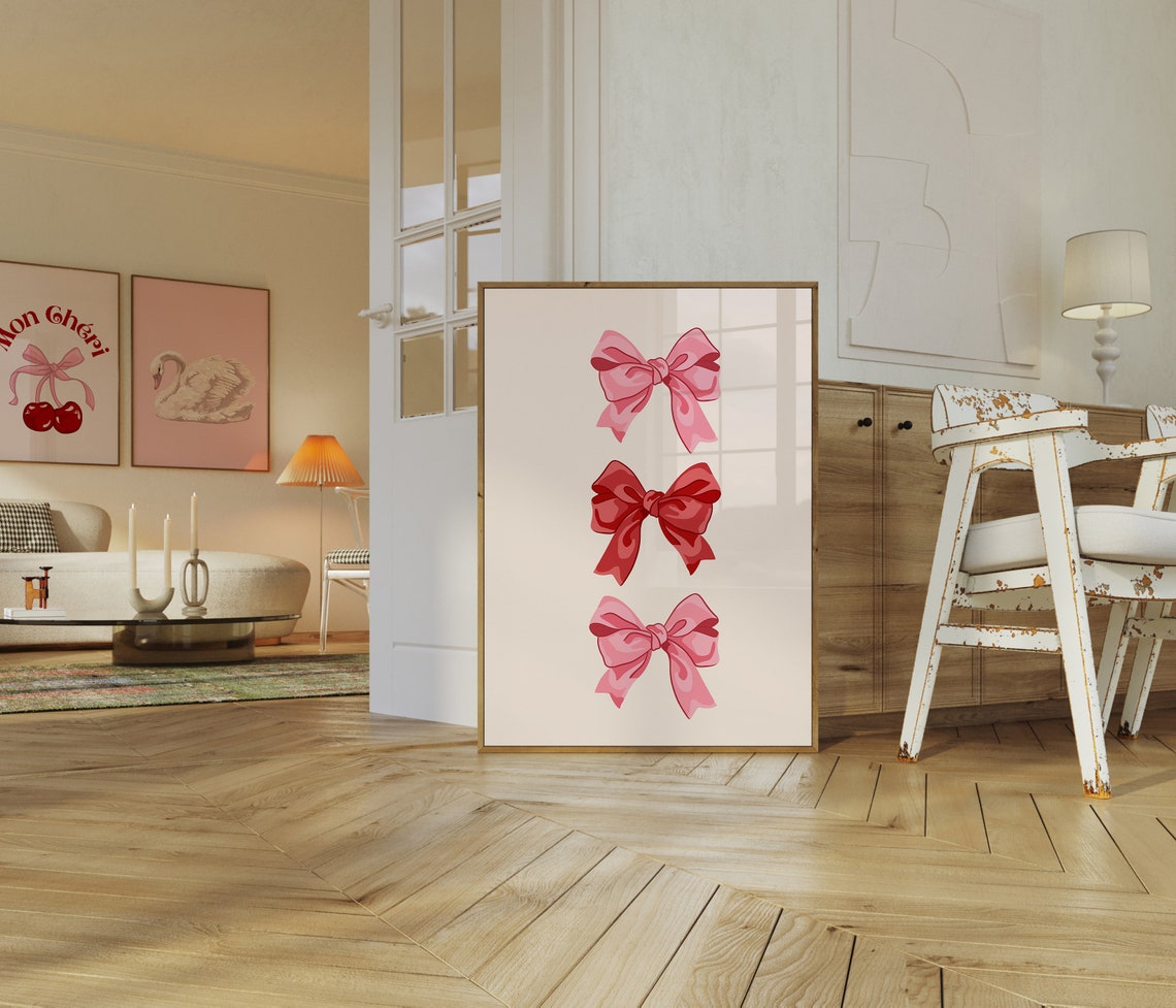 Three Pink Satin Bows Vertical Coquette Trendy Girly Art Poster - Image 2