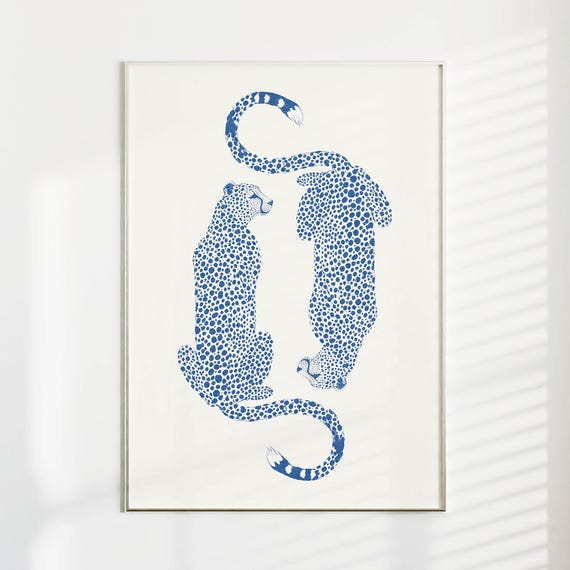 Two Cheetah Minimalist Poster, Navy Blue Decor