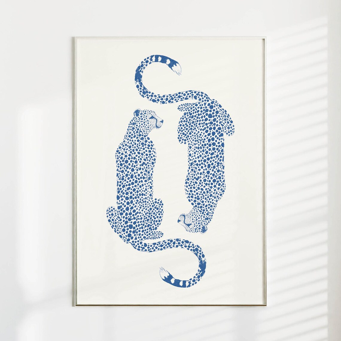 Two Cheetah Minimalist Poster, Navy Blue Decor