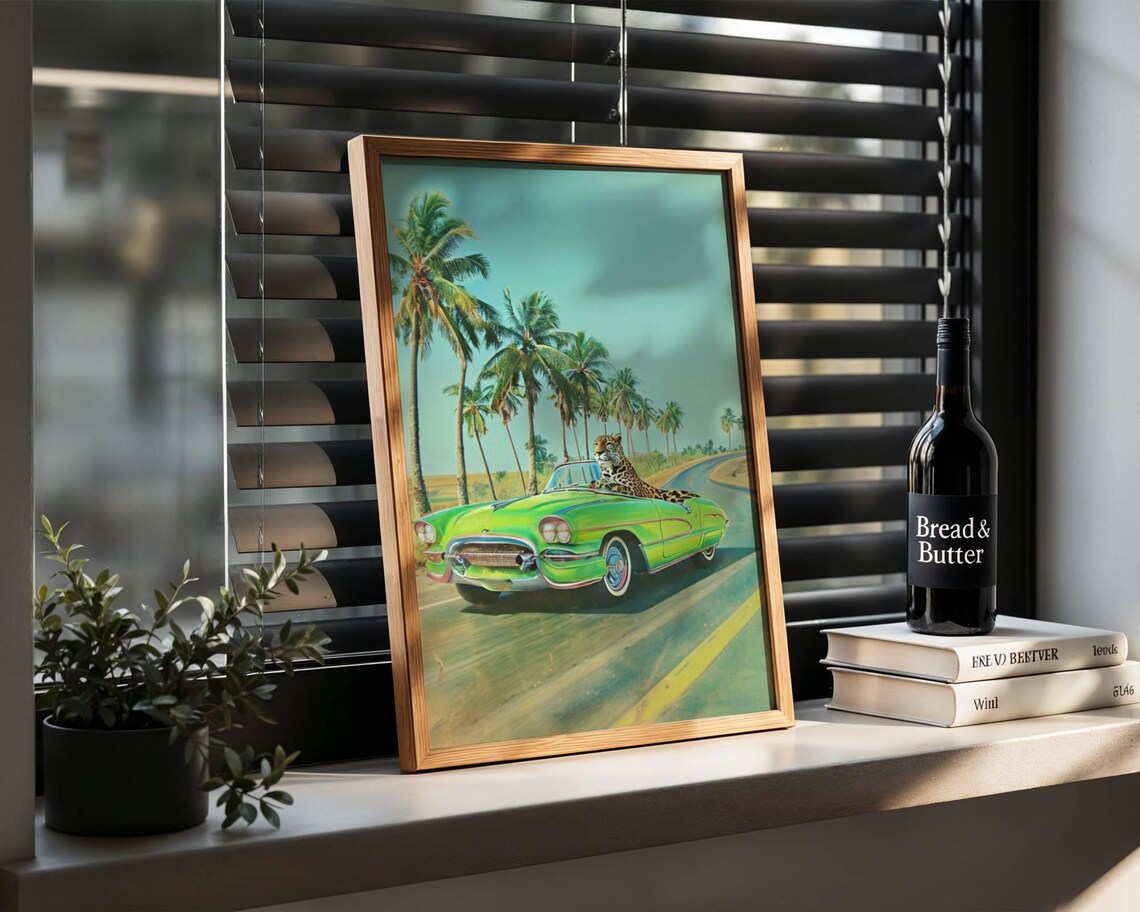 Retro Green Convertible Cheetah Driver Palm Road Wall Poster - Image 2