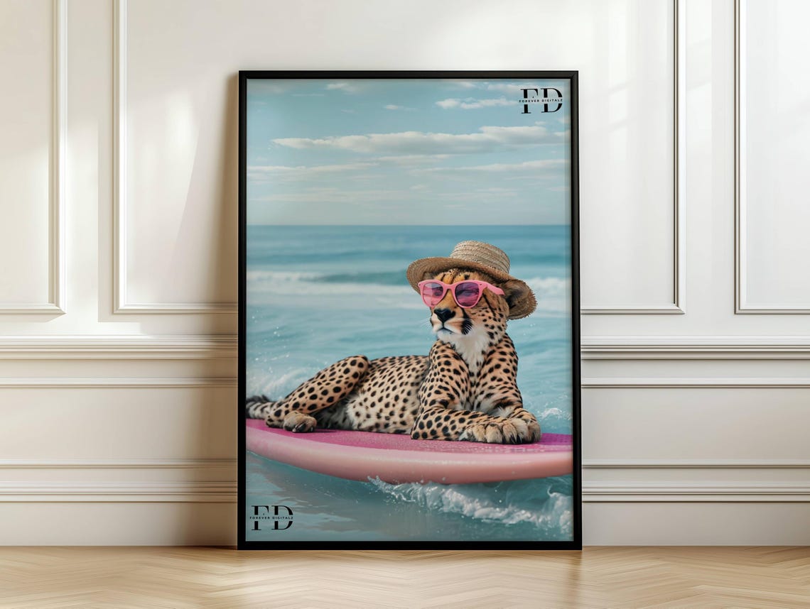 Cheetah Surfing Tropical Surfboard Wall Art Print