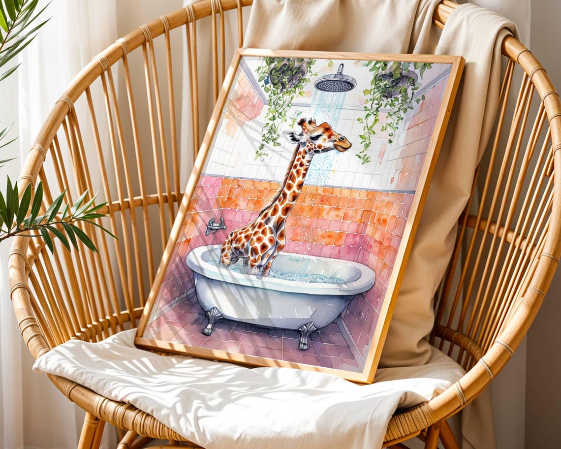 Funny Bathroom Giraffe Taking A Shower, Poster Print - Image 3