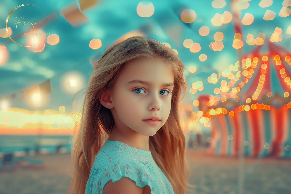 Carnival Night Bokeh Lights Girl By Amusement Tent Backdrop Poster