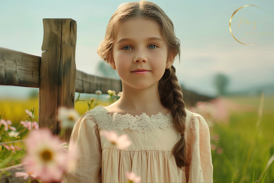 Wildflower Meadow Fence Girl In Vintage Lace Dress Portrait Backdrop