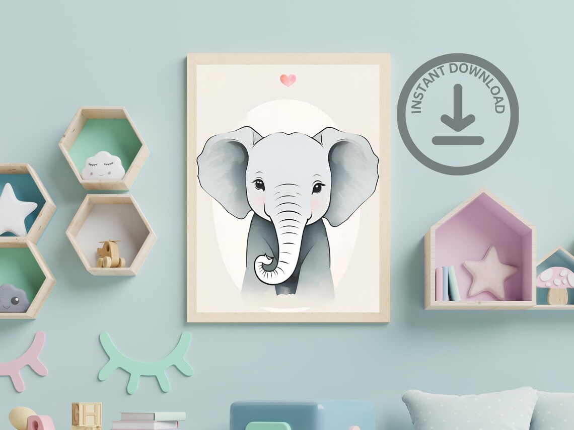 Baby Elephant Watercolor Portrait Cute Neutral Nursery Art Poster - Image 3