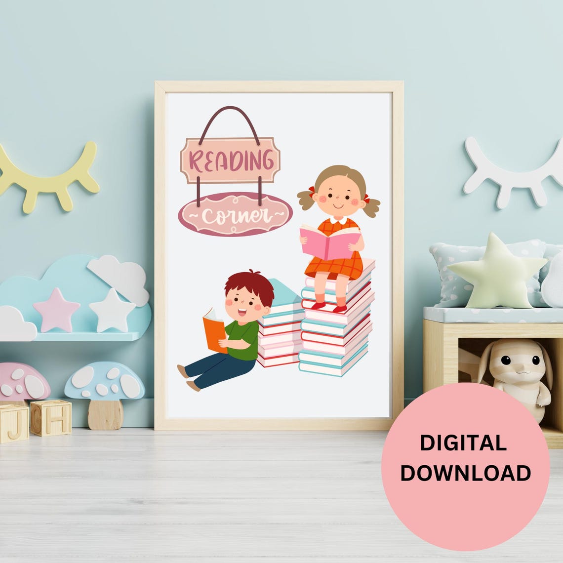 Reading Corner Sign Kids and Books Cartoon Nursery Classroom Art Print - Image 3