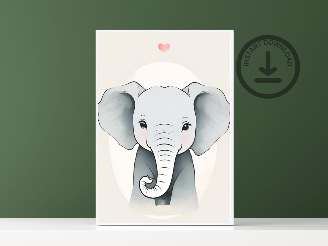 Baby Elephant Watercolor Portrait Cute Neutral Nursery Art Poster - Image 2