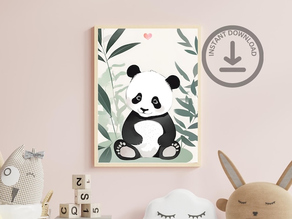 Baby Panda Watercolor Portrait Cute Bamboo Nursery Animal Poster