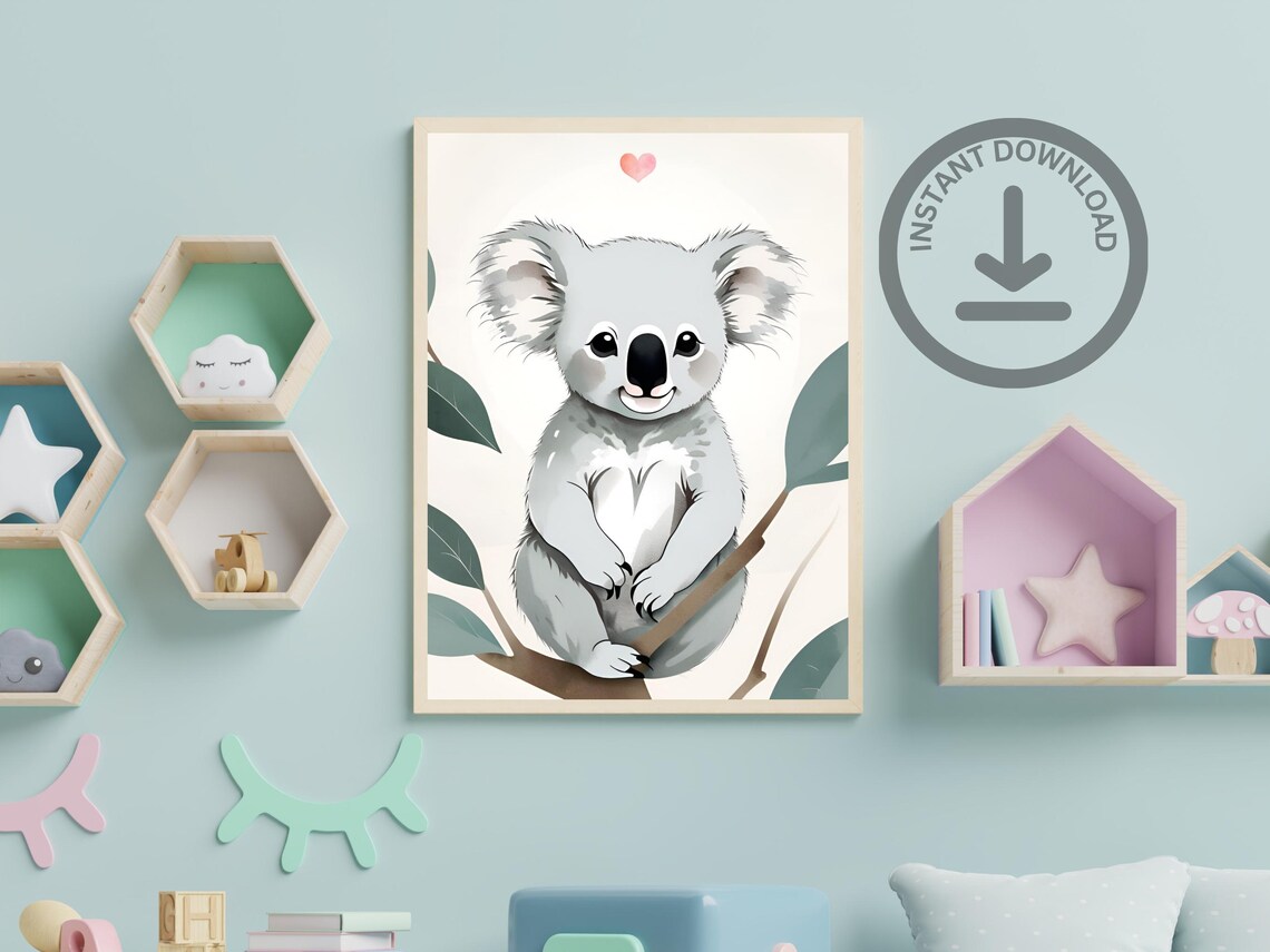 Baby Koala Watercolor Portrait Cute Eucalyptus Nursery Art Poster - Image 2