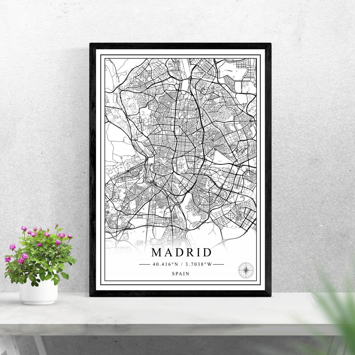 Madrid Spain City Map Poster, Black and White Minimalist Travel Gift