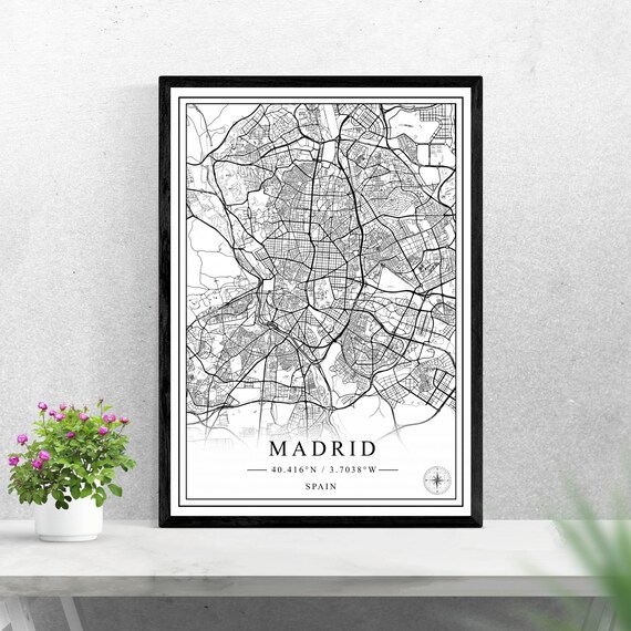 Madrid Spain City Map Poster, Black and White Minimalist Travel Gift