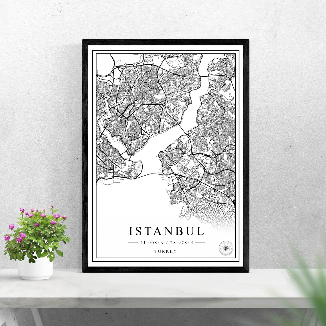 Istanbul Turkey Black and White City Map Poster with Coordinates Art
