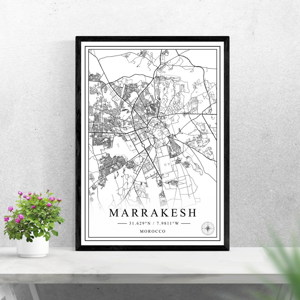 Marrakesh Morocco Black and White City Map Poster with Coordinates