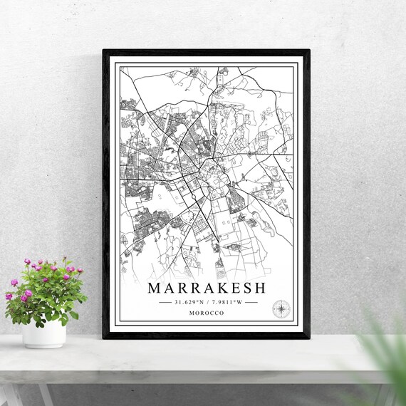 Marrakesh Morocco Black and White City Map Poster with Coordinates