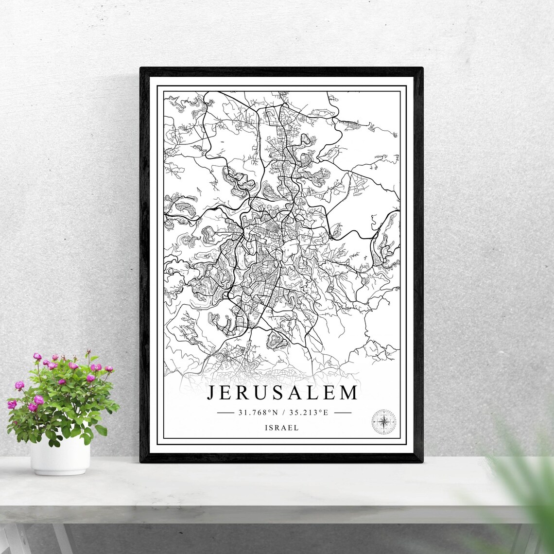 Jerusalem Israel City Street Map Black White Art Poster Decor