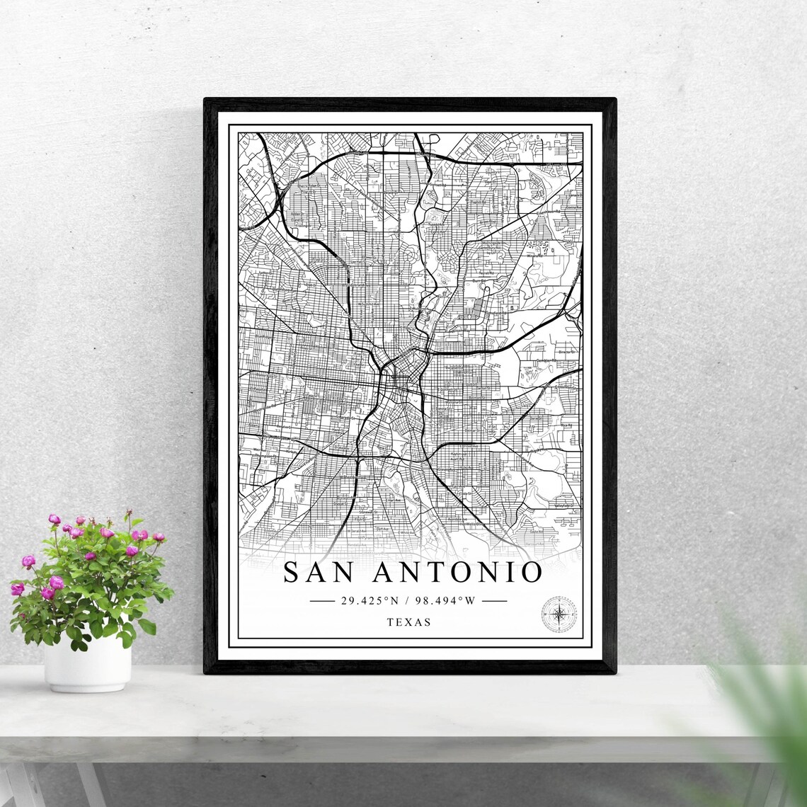 San Antonio Texas Black and White Minimalist City Map Poster