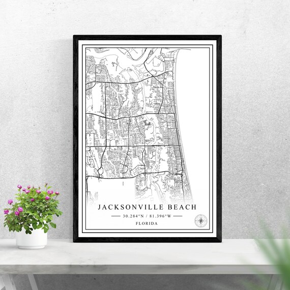 Jacksonville Beach Florida Black and White Map Art Poster Decor