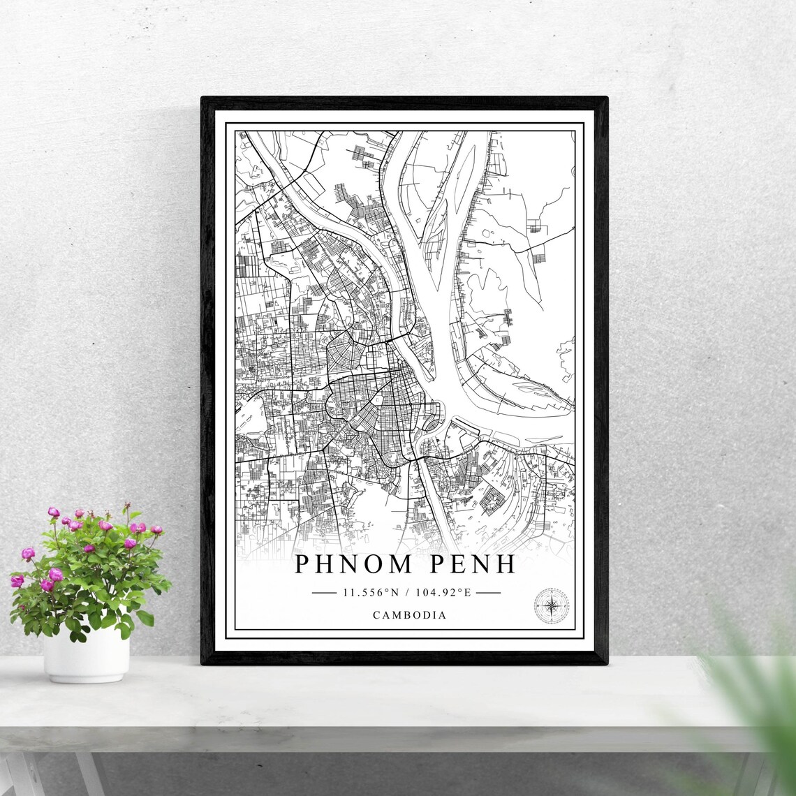 Phnom Penh Cambodia Black And White City Street Map With Coordinates Poster