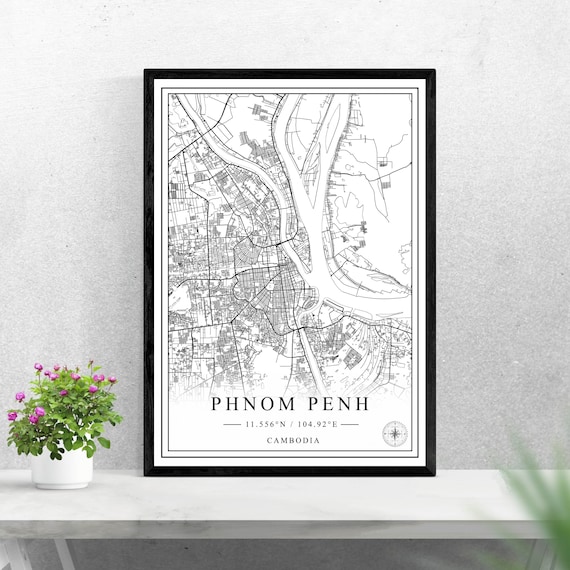 Phnom Penh Cambodia Black And White City Street Map With Coordinates Poster