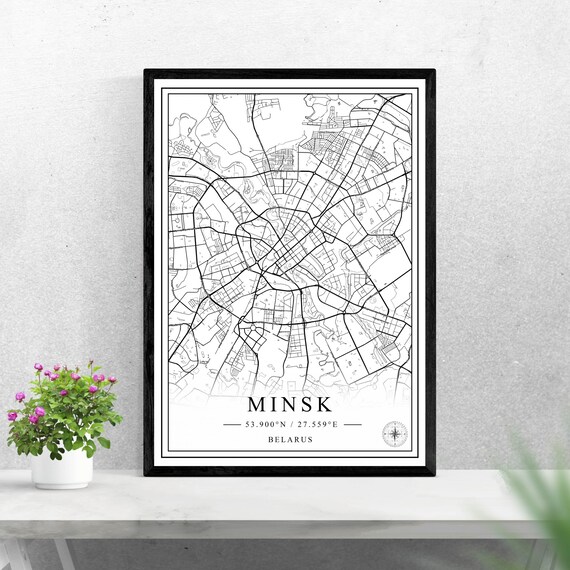 Minsk Black and White City Map Belarus Capital Travel Poster