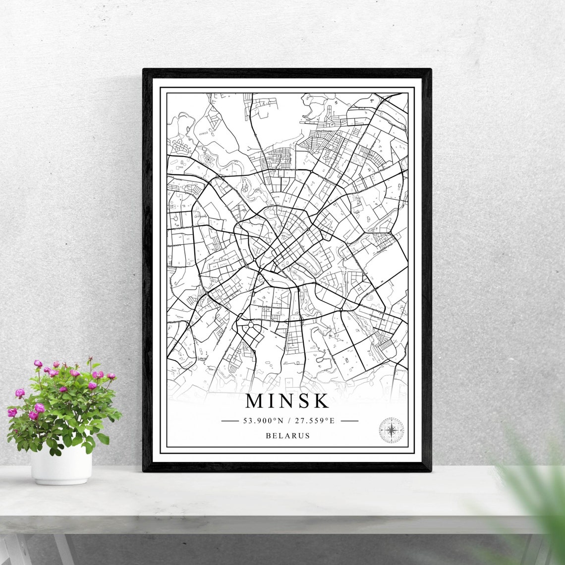 Minsk Black and White City Map Belarus Capital Travel Poster
