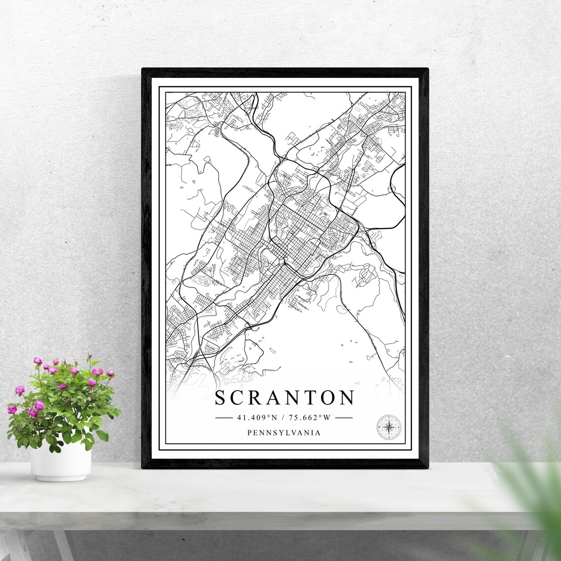 Scranton Pennsylvania City Street Map Black White Line Art Poster