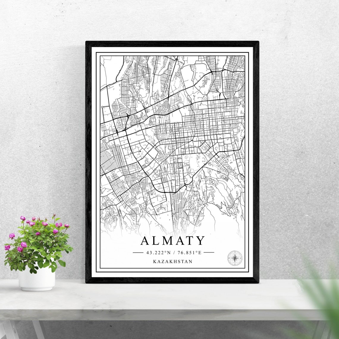 Almaty Kazakhstan City Street Map Black White Art Poster Decor