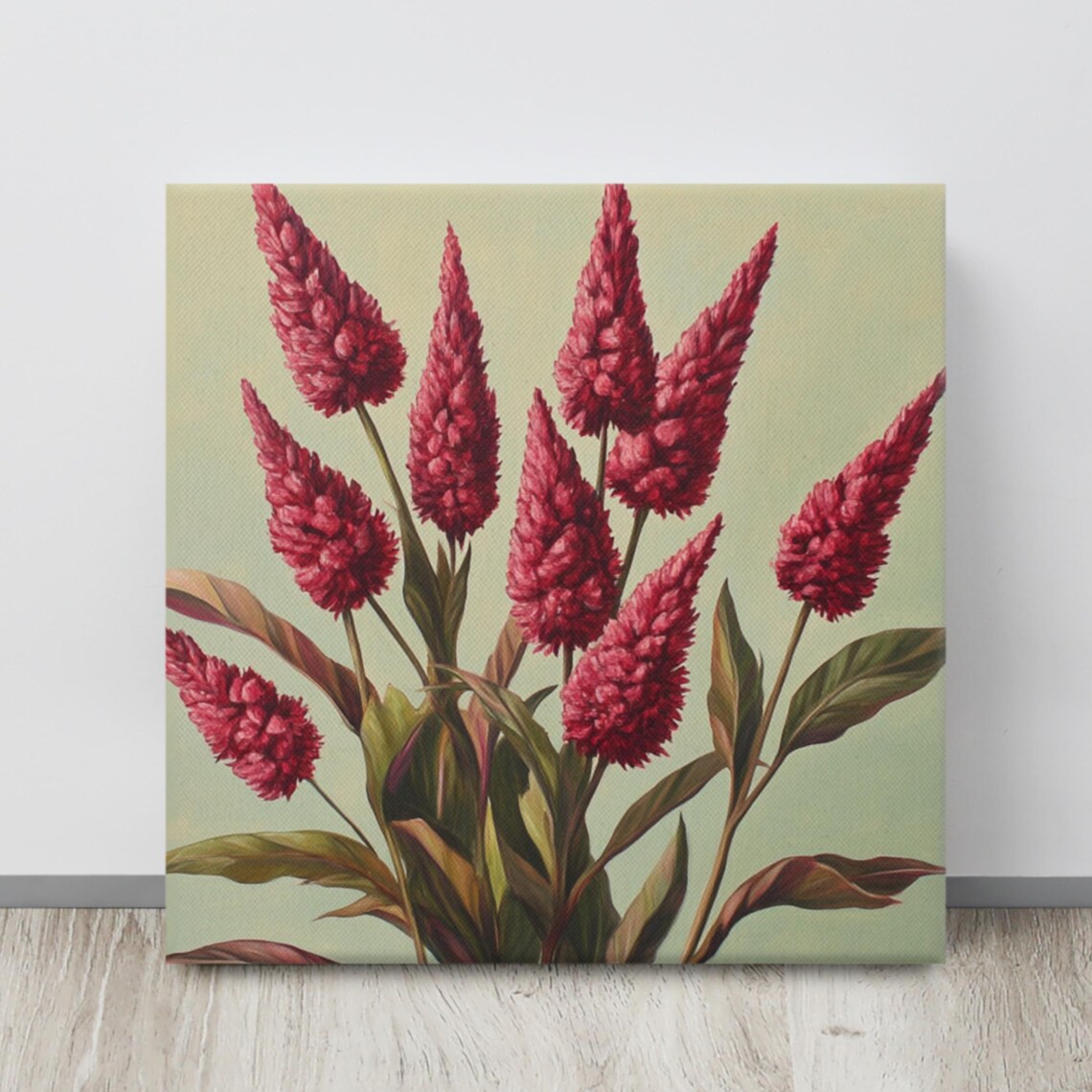 Red Cockscomb Feathery Plume Flowers Tall Botanical Art Poster