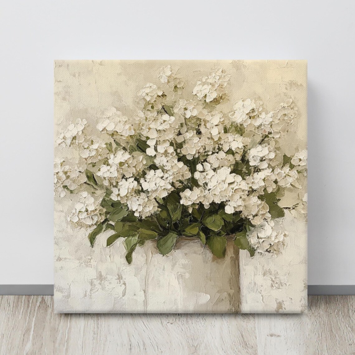 White Hydrangea Bouquet Vase Cream Impasto Floral Art Poster