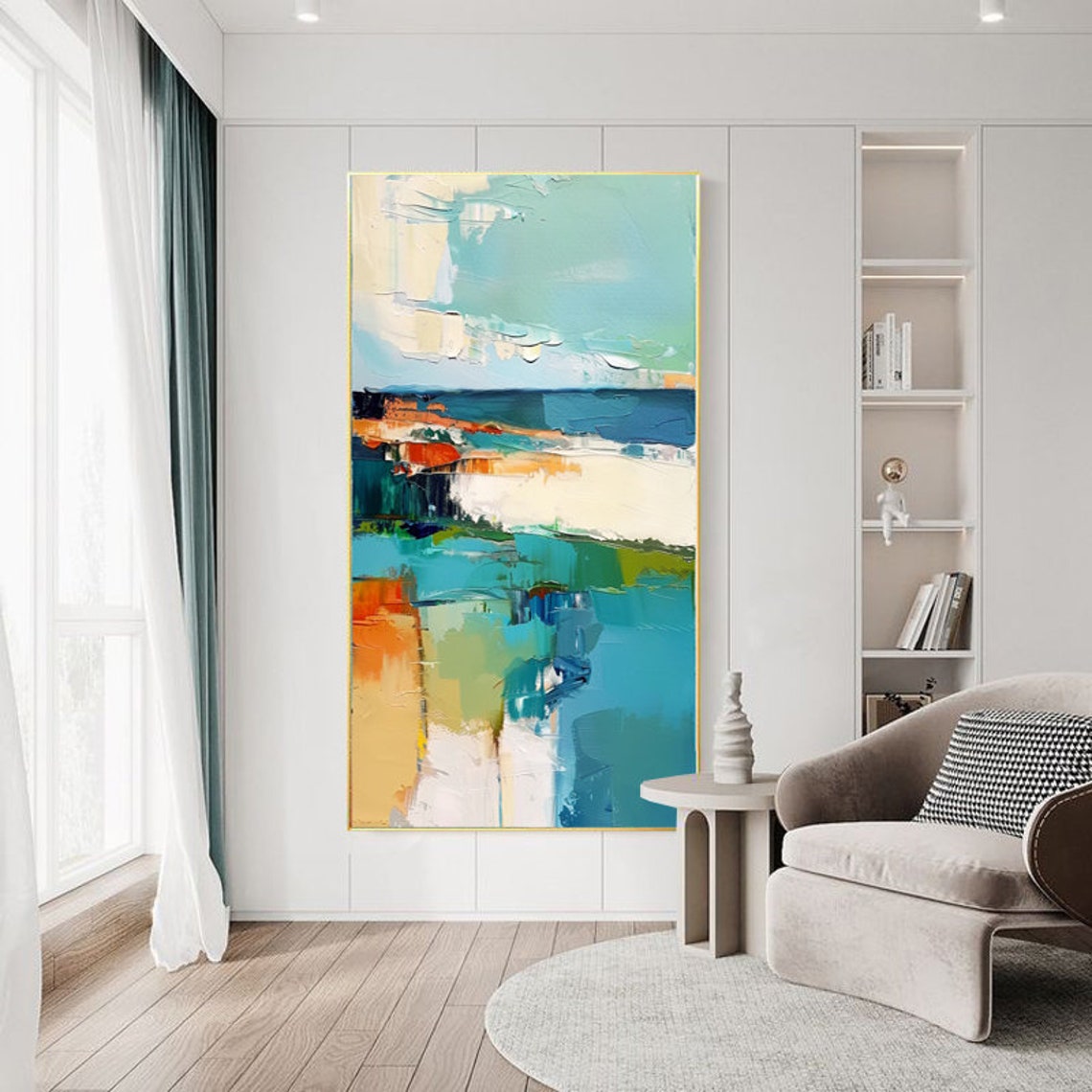 Teal Orange Abstract Landscape Blocks Vertical Painting Poster - Image 6