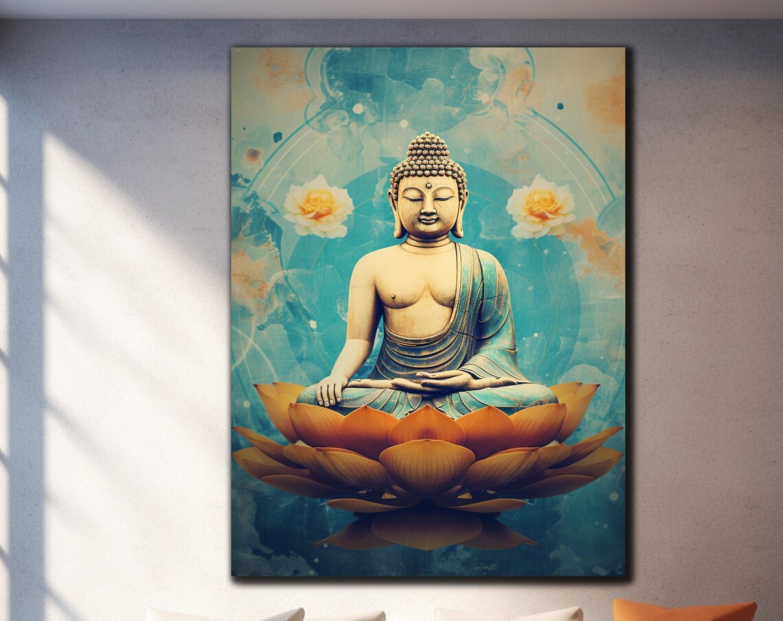 Buddha Meditating Amber Lotus Teal Background Zen Wall Art Poster