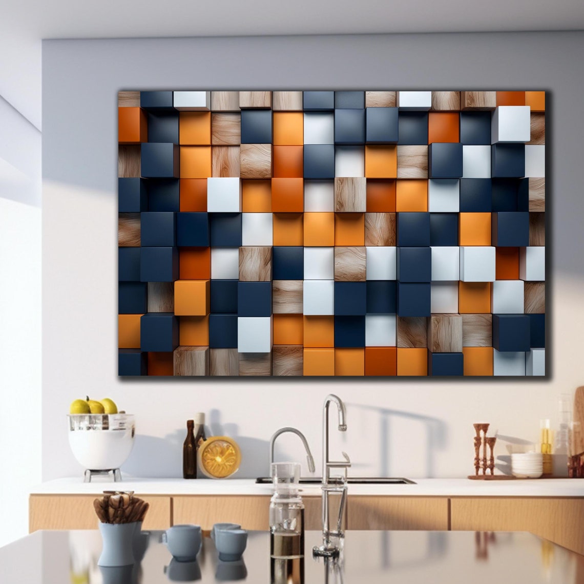 Navy Orange White Wood 3D Cube Blocks Modern Abstract Wall Art