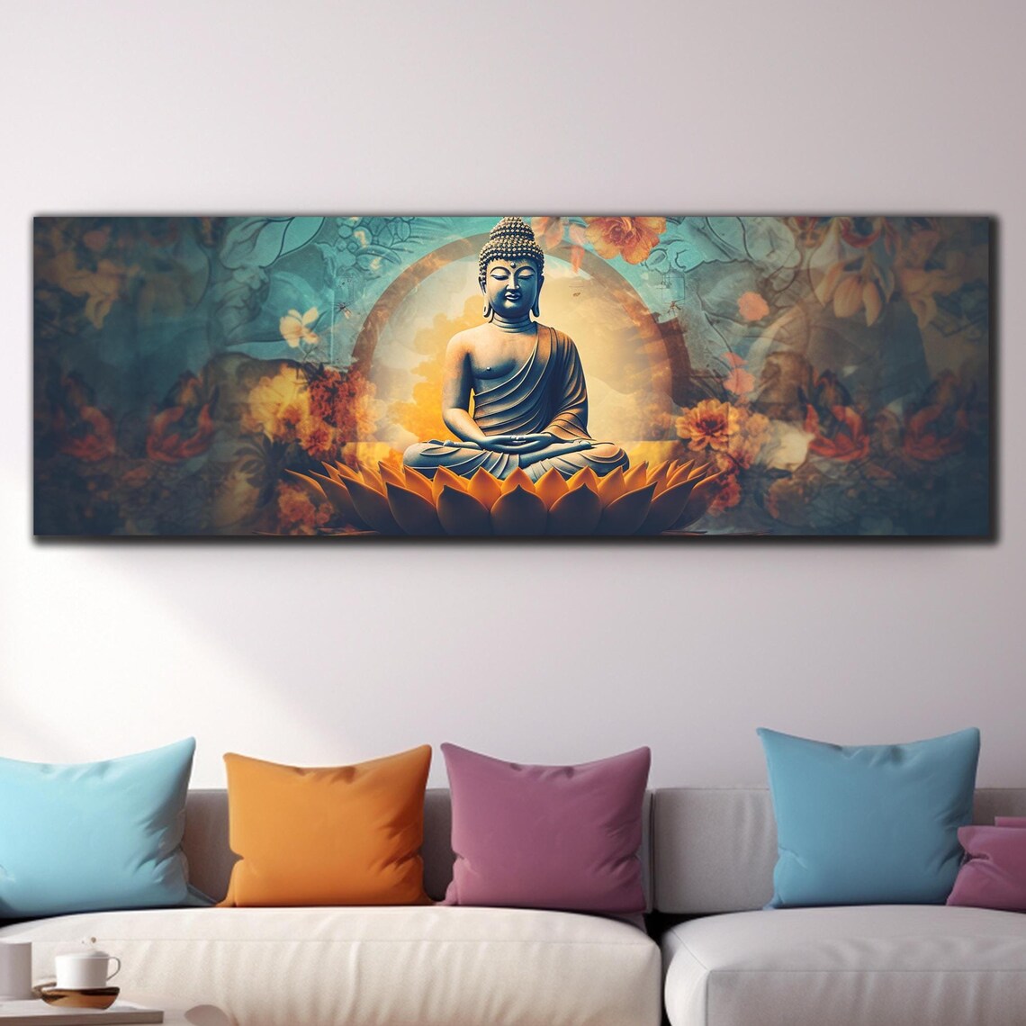 Buddha Golden Lotus Bloom Teal Floral Halo Panoramic Wall Art