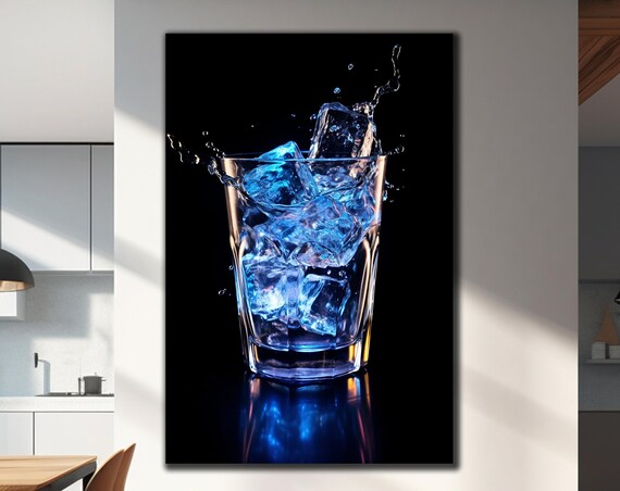 Blue Ice Cocktail Glass Splash Black Background Dramatic Drink Glass Wall Art