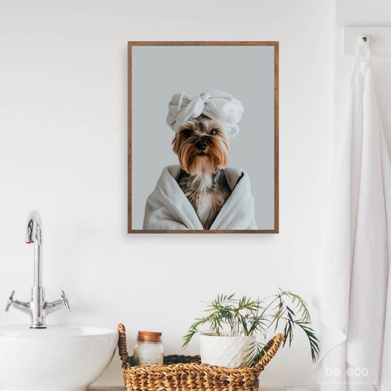 Yorkie In Bathrobe Animal Bath Print Toddler Bathroom Art Children Prints Funny Decor