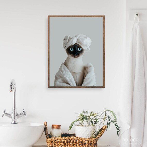 Siamese Cat Wrapped in a White Towel Turban Blue Eyes Bathroom Animal Print