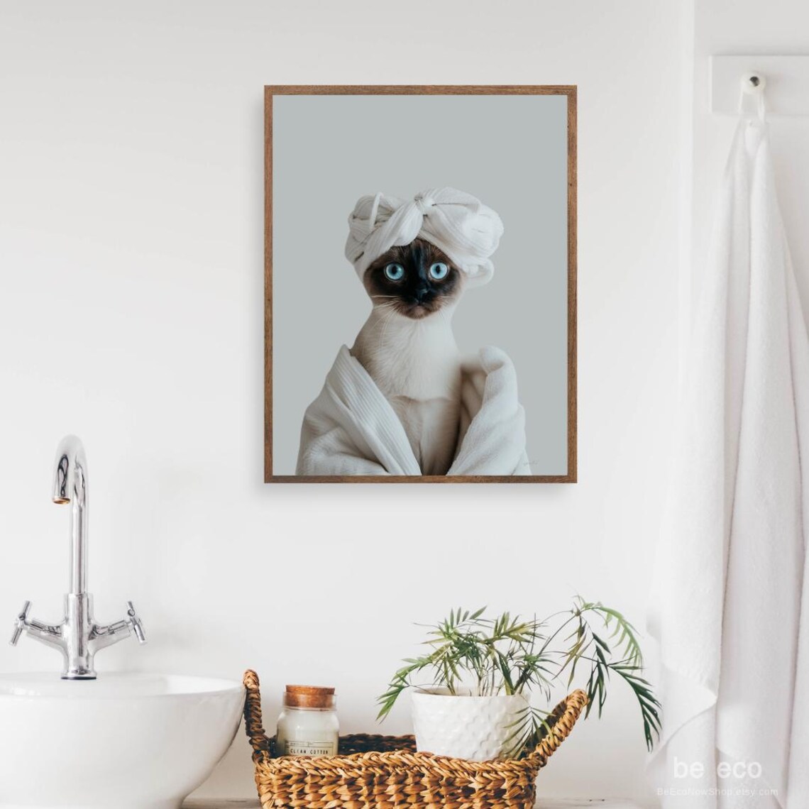 Siamese Cat Wrapped in a White Towel Turban Blue Eyes Bathroom Animal Print