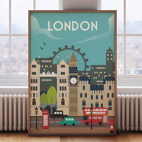 Retro London Travel Poster, Vintage Wall Art Print