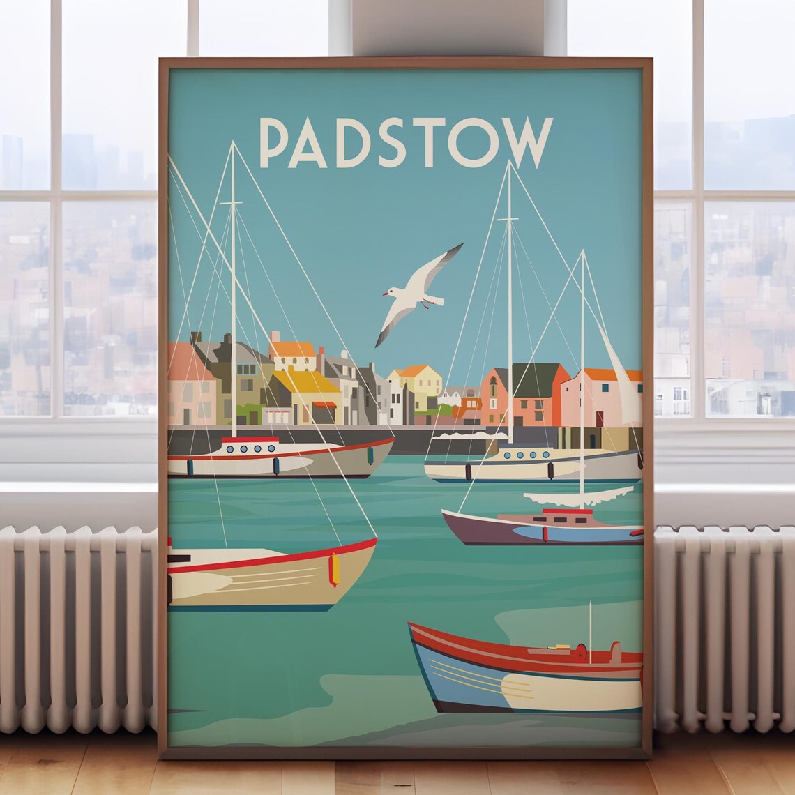 Padstow Cornwall Picturesque Harbor Sailboats Seagull Travel Poster