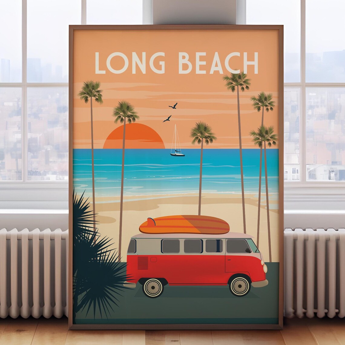 Long Beach California Sunset Camper Van Surf Retro Travel Poster