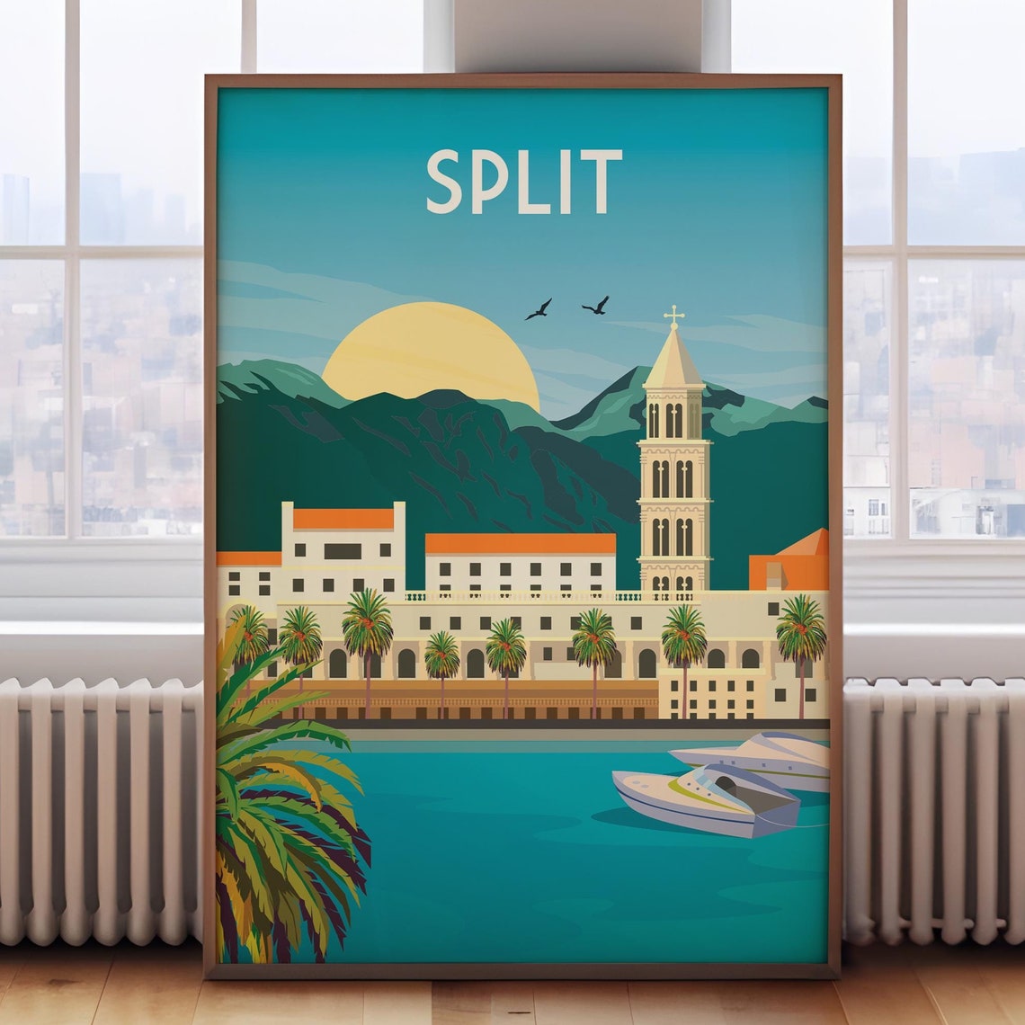 Split Croatia Sunset Harbor Bell Tower Palms Retro Travel Poster