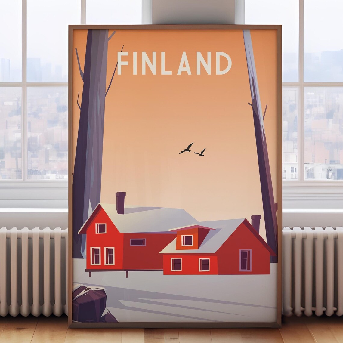 Finland Snowy Red Wooden Cabins Tall Pines Winter Travel Poster