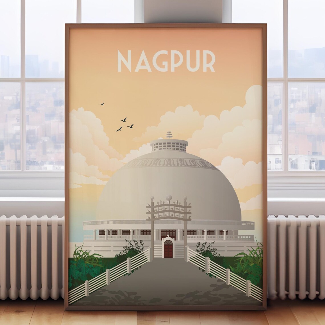 Nagpur India Deekshabhoomi White Stupa Golden Sunset Travel Poster