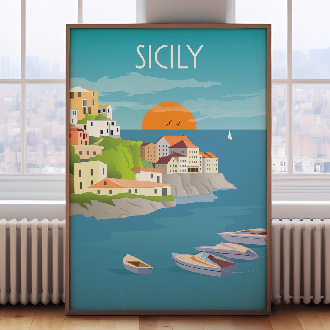 Sicily Retro Travel Poster, Italy Wall Art Print