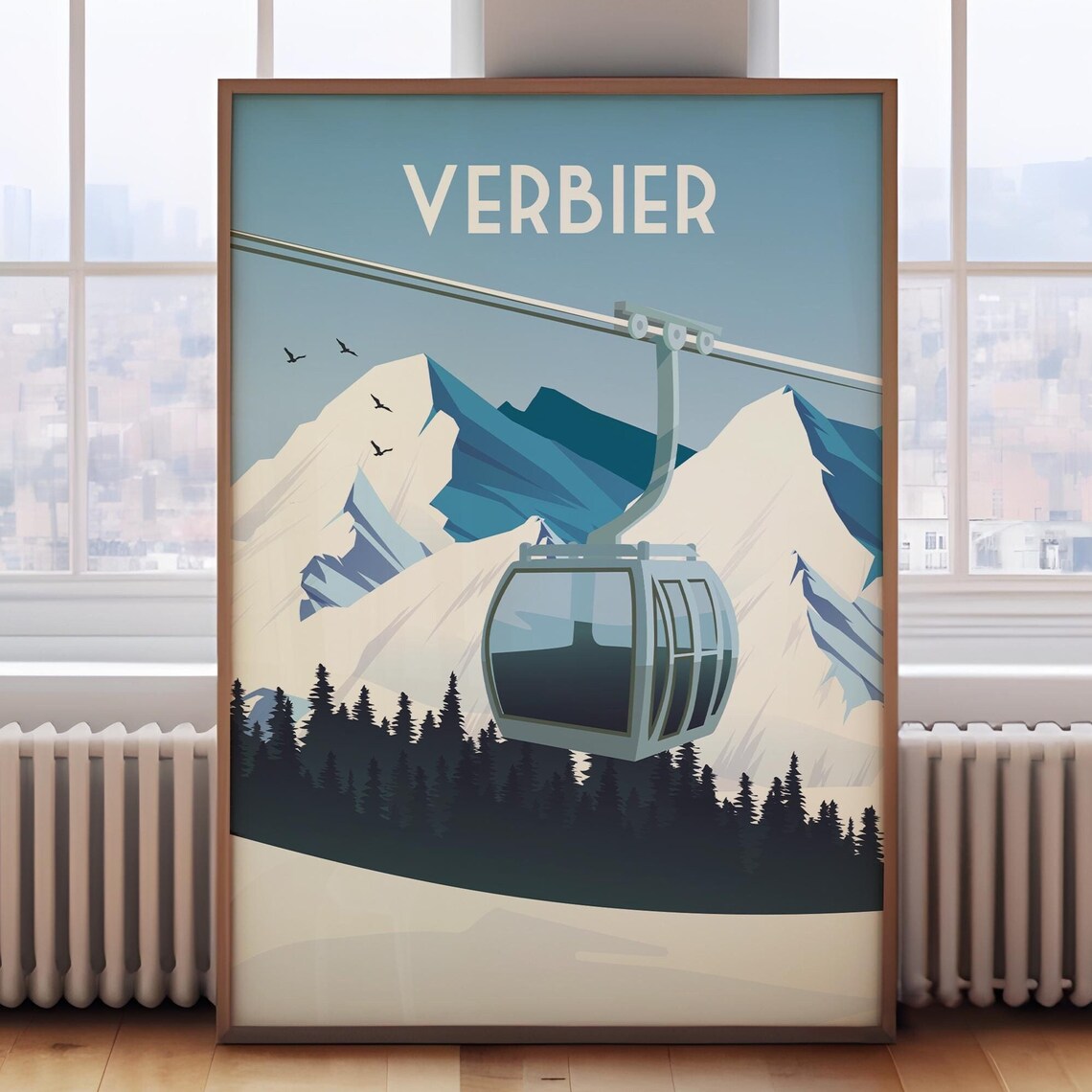 Verbier Retro Ski Gondola Alpine Snow Mountain Travel Art Poster