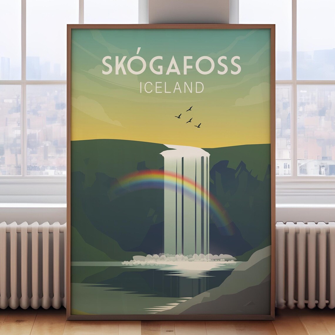 Skogafoss Iceland Travel Poster, Northern Lights Print