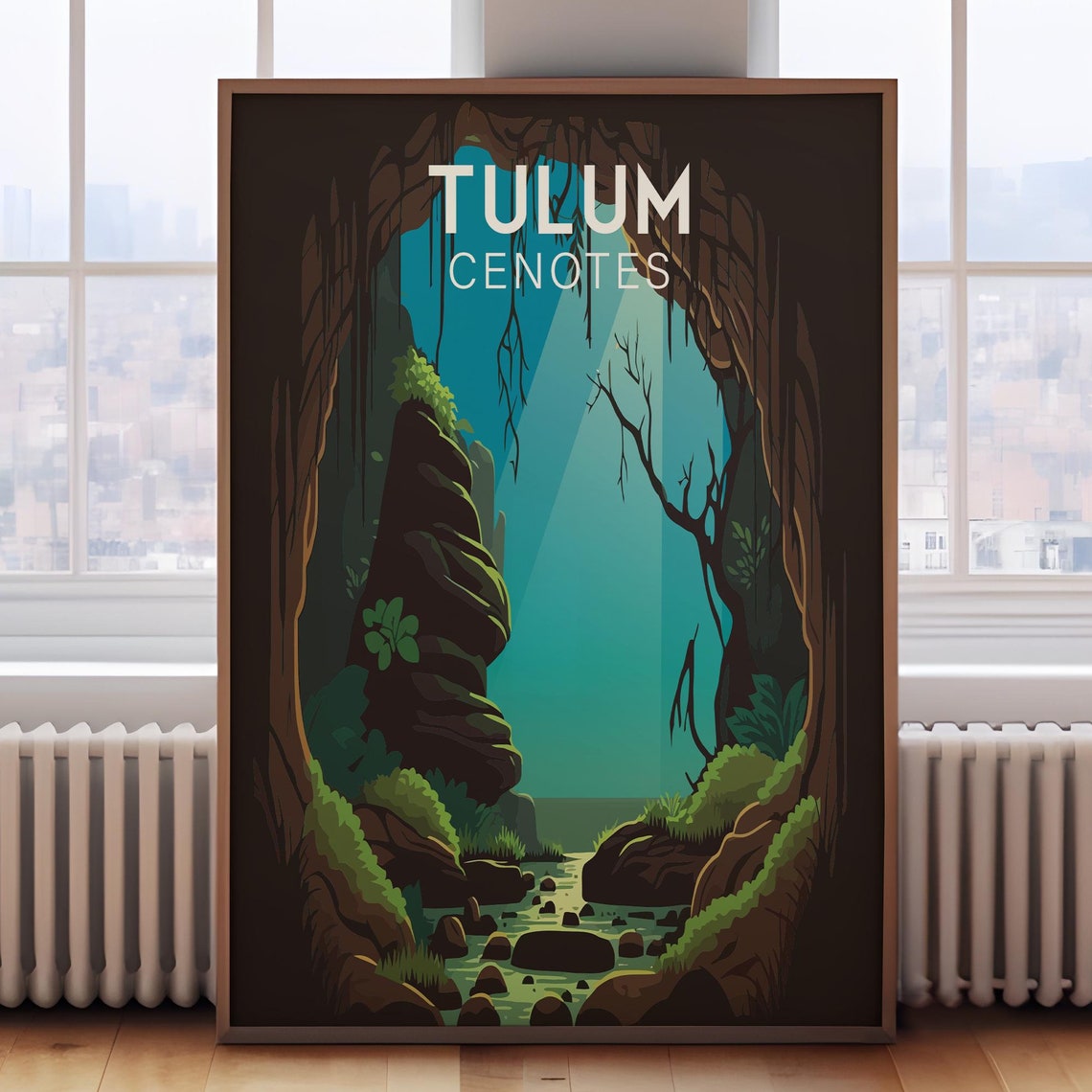 Tulum Cenotes Retro Mexico Travel Cave Illustration Art Poster